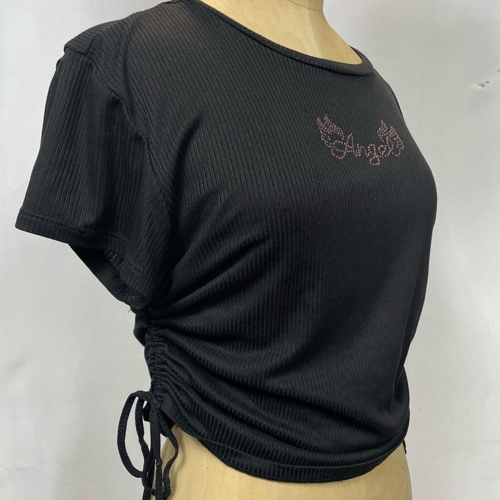 Perfectly Angel Top LG Black Rhinestone Y2K Bling Tee Angelcore Baby Black Glam - Picture 4 of 10